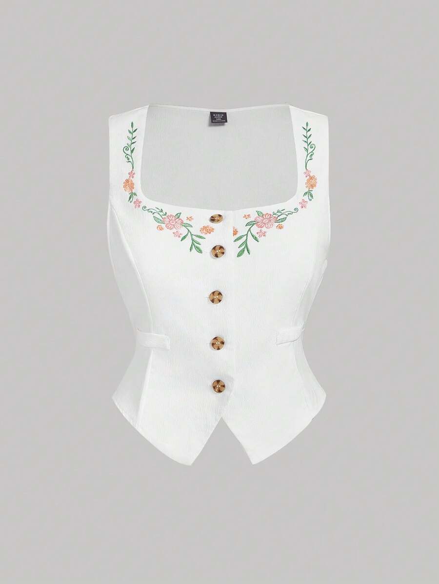 SHEIN MOD White Embroidered Plus Size Women Cropped Suit Jacket - White - View 1