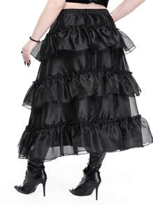 ROMWE Plus Size Vintage Romantic Gothic 3-Layer Organza A-Line Skirt - Black - View 6