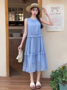 SHEIN Teen Girls Blue Elegant Minimalist Round Neck Sleeveless Loose Stylish Woven Casual Dress, Summer, Ruffles, A Pendulum