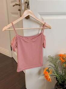 DAZY Women's Elegant Solid Color Open Shoulder Ruched Fitted T-Shirt, Summer Going Out Tops Women - Baby Pink - View 6