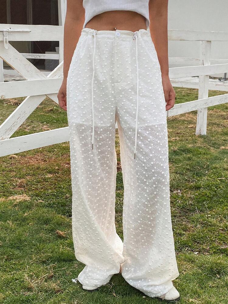 Women's Cinched Waist Hollow Out Crochet Wide Leg Pants Vacation