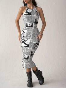 SHEIN EZwear Newspaper Print Bodycon Dress - Black and White - View 1