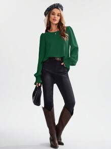 EMERY ROSE Round Neck Solid Shirred Flare Sleeve Blouse - Green - View 3