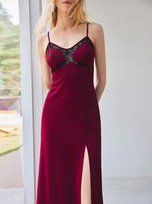 Maija Purple-Red And Black Lace Patchwork Design Sling Open Slit Sexy Mid-Length Dress For Women, Elegant Quality, Versatile For Spring/Summer, Festivals And Parties