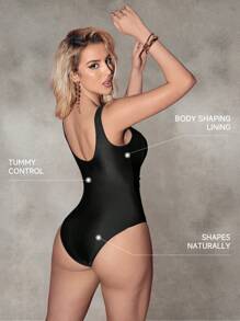 Shapewave Beach Summer Outfits For Women, One-Piece Shaping Swimsuit With Front Center Hollowing Squared Neckline Design - Black - View 7