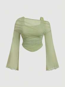 SHEIN MOD Plus Size Asymmetric 2 In 1 Asymmetrical Neck Sheer Mesh Knit T-Shirt In Apricot Green Croptop - Green - View 1