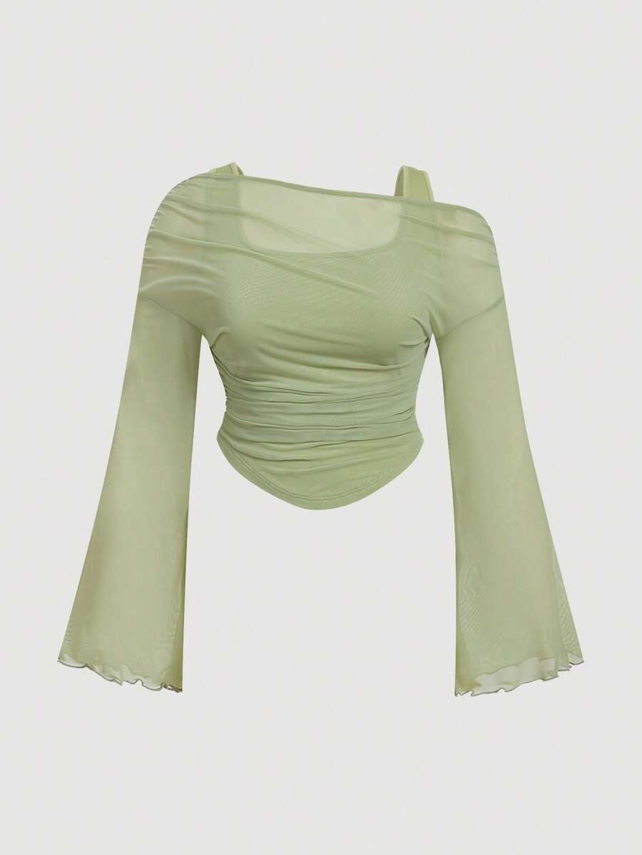 SHEIN MOD Plus Size Asymmetric 2 In 1 Asymmetrical Neck Sheer Mesh Knit T-Shirt In Apricot Green Croptop - Green - View 1