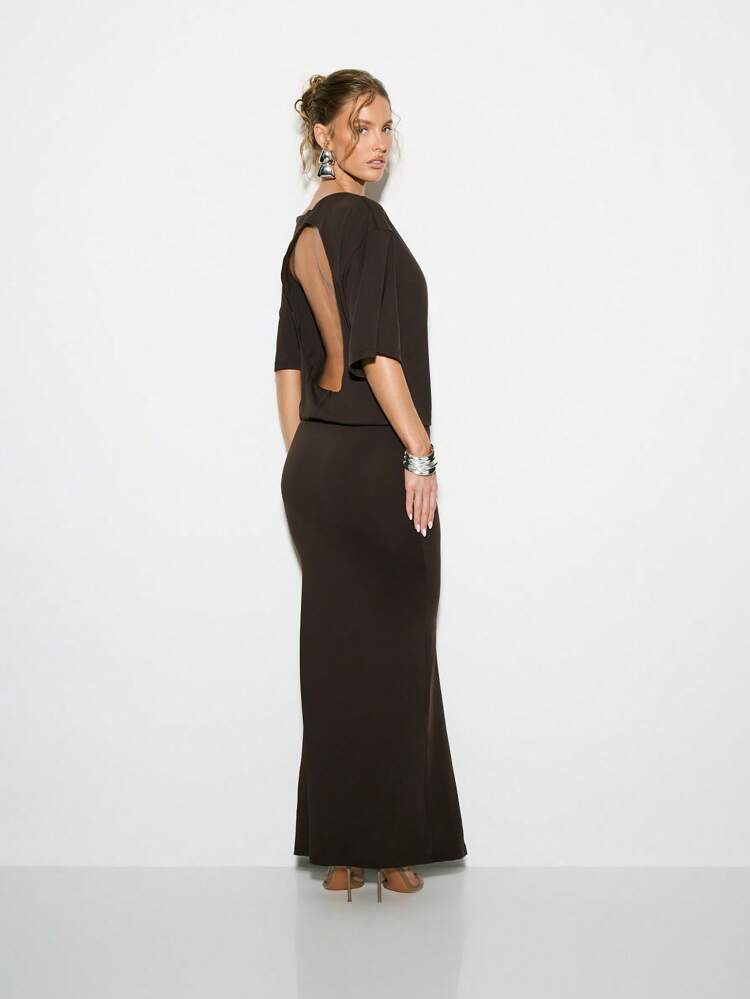 KIZN Vestido maxi elegante de camisa con diseño de espalda abierta para fiesta de noche, boda, invitado, fluido, de largo hasta el suelo, para ocasiones especiales, con mangas dramáticas