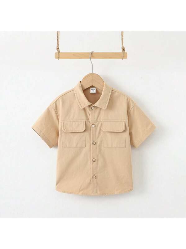 Loomiva Young Boy Solid Color Polo Collar Short Sleeve Casual Cardigan, Loose Woven Casual Shirt