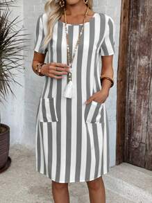 EMERY ROSE Women Striped Print Patch Pocket Round Neck Short Sleeve Short Dress Summer Dresses For Women,Shirt Dresses For Women