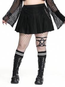 ROMWE Gothic College Casual Pleated Plus Size Women Skirt With Chain, Back To School Season - Black - View 5
