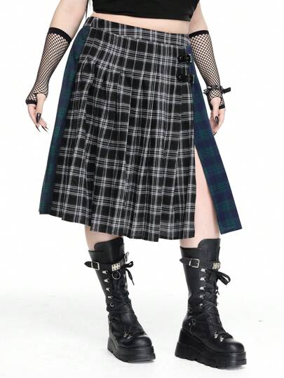 Goth Falda retro de mujer talla grande con parches y aberturas altas de estilo gótico a cuadros, ideal para graduación y regreso a la escuela