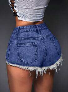 Jeanoix Short en jean à bords bruts avec boutons devant, multi-poches, décontracté pour tous les jours