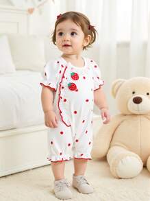 Infant & Baby Girl Ruffled Collar Strawberry Embroidery Polka Dot Bubble Sleeve Romper With Ruffle Hem, Cute & Comfortable For Home And Outdoor, Spring/Summer/Autumn