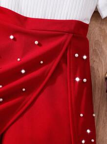 Conjunto de camiseta de manga corta y falda pantalón con perlas de unicolor para niña preadolescente