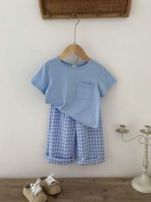 SHEIN Vintaside Kids 2 Pieces Baby Boy Cute Casual Short-Sleeved Top And Plaid Pants Set, Suitable For Summer, Home And Travel