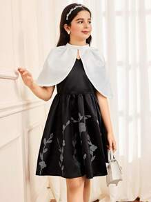 SHEIN Tween Girl 2 Pieces Set: Stand Collar Outerwear And Rhinestone Embellished Minimalist Dress - Black - View 3