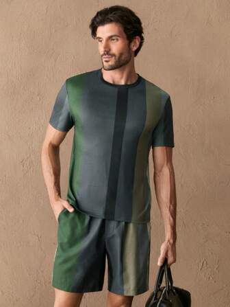 GENTILAND 2点セット メンズカジュアルストライプニットルーズドロップショルダーラウンドネック半袖Tシャツとドローストリング付きウエストショーツセット