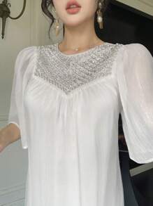 DAZY Elegant Beaded Ruffle Lotus Sleeve Round Neck Women Mid-Length Dress, Summer,Back To School Clothes