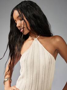 MISSGUIDED Ribbed Knit Halter Neck Maxi Evening Gown Stretchy Bodycon Form Fitting Long Dress Special Occasion Party Wedding Guest Full Length - Cream - View 4