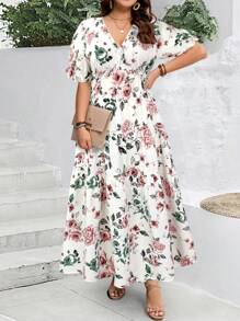 EMERY ROSE Plus Size Summer Floral All Over Print Maxi Vacation Casual Dress - White - View 4