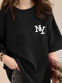 女款黑色纽约NY字母印花宽松圆领短袖T恤，优雅舒适设计，夏季休闲户外T恤 - 黑色 - 查看 4