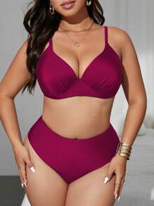 SHEIN Swim Curve Conjunto de bikini de 2 piezas con talla grande, tiro alto, triángulo con sujetador con aros, tirantes ajustables, elegante, de moda y sexy para playa