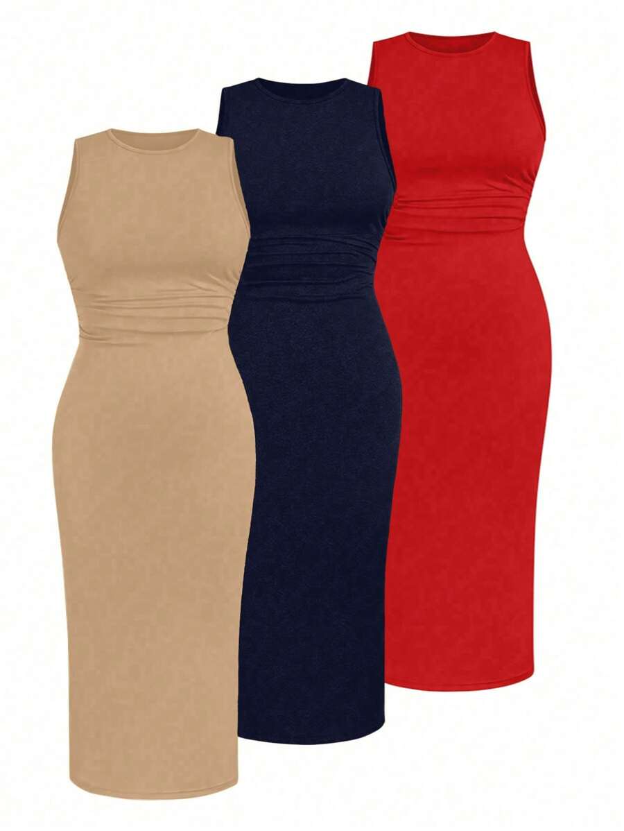 Calvaya 3 Pieces Summer Knitted High Stretch Round Neck Sleeveless Solid Color Commuter Casual Dress Set - Multicolor - View 1