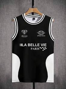 Manfinity Campus Court Herren Rundhals gestreiftes & Buchstaben bedrucktes ärmelloses Trägershirt, Herren Streetstyle Sporttank Top mit witzigem Gesicht und Buchstaben Muster in Oversized Grafikdesign, in Schwarz. Perfekt für Musikfestivals und den Alltag, auch ein tolles Geschenk für einen Freund oder Ehemann