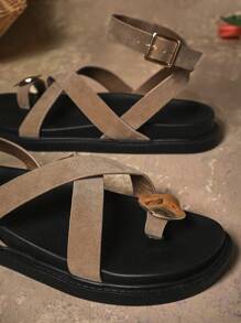 SHUZIA Women Single Cross Ankle Strap Gold Decor Comfy Flat Thick Soled Everyday Outdoor Casual Basic Slip-On Taupe Faux Suede Sandals