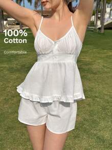 SHEIN EZwear 2pcs Women Cotton Vacation Solid Color Ruffle Camisole Top And Shorts Set - White - View 1