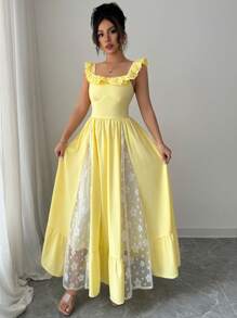 Selianne 女式拼布荷叶边 V 领法式长裙 - 黃色 - 查看 3