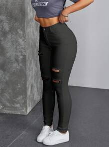 SHEIN EZwear Women's Black Ripped Denim Jeans: Casual Long Zipper Fly Style With Distressed Detail - Black - View 1