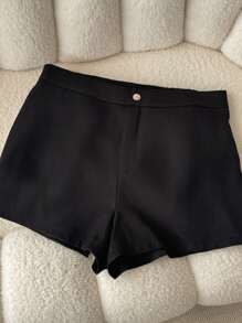 Airaco 女士大码休闲商务纯色高腰短裤，简约百搭 - 黑色 - 查看 5