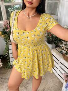 SHEIN EZwear Plus Size Printed Jumpsuit With Built-In Shorts & Pockets, Spring/Summer - Yellow - View 4