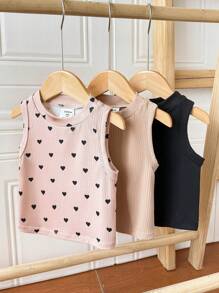 3pcs/Set Girls Knit Solid Color Round Neck Fitted Casual Vest Set