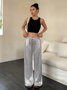 SHEIN Unity 女士高品质闪亮飘逸长裤，适合返校、派对 - 銀色 - 查看 6