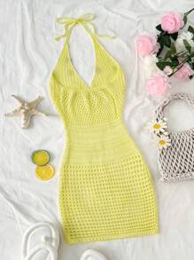 Sweetra Summer Vacation Lightweight Yellow Hollow Out Tassel Beaded Casual Knitted Dress, Flattering