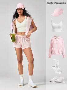 GLOWMODE 2.5" Everyday Terry Foldable High-Waist Drawstring Shorts Pocket Daily Casual Summer - Pink - View 6