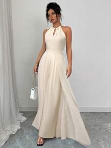 Elenzga 优雅通勤绿色V领系腰无袖雪纺拼接透视下摆连体裤，女款 - 杏色 - 查看 4