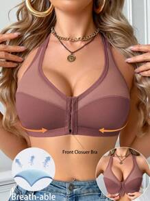 1pc Women's Wireless Mesh Inlay Front Closure Bra - Redwood - View 5