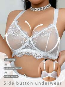 SHEIN 1 件大码女士蕾丝蝴蝶装饰钢圈性感内衣文胸 - 白色 - 查看 4