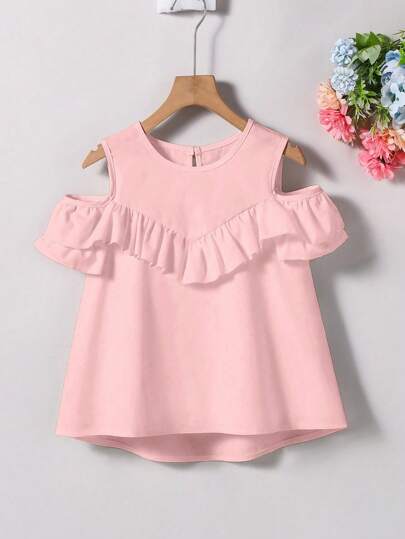 SHEIN Tween-Mädchen Bluse mit Rüschen in Unifarbe, geeignet für heiße Sommertage und verschiedene Anlässe Sommer Top