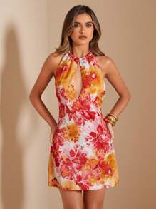 SHEIN BAE Vestido mini floral con escote en V sexy y aberturas para mujer de vacaciones
