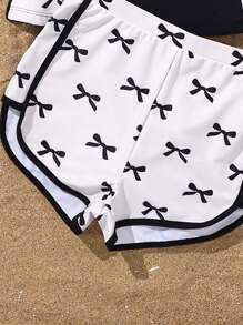 青少年女孩细肩带比基尼上衣，女孩海滩度假泳裤，可爱蝴蝶结印花运动泳衣夏季假日