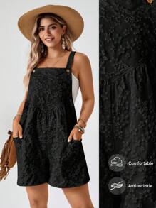 SHEIN LUNE Plus-Size Women'S Boho Summer Khaki Jacquard Fabric Sleeveless Suspenders With Side Pockets Designed For Everyday Casual Romper - Black - View 4