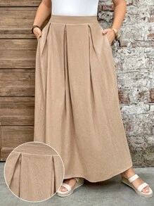 SHEIN LUNE تنورة بوهيمية بجيوب مطوية وشق، متعددة الاستخدامات بلون أحادي، مناسبة للمناسبات الكاجوال مثل عيد الفصح والحفلات الريفية والتخرج والصيف والغداء في عيد الأم والكنيسة، مقاسات كبيرة - لون مشمشي - مشاهدة 9