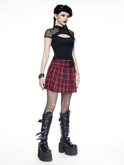 Gothic Sexy Hollow Front Panel Mesh Splice Rivet Metal Decor Crew Neck T-Shirt