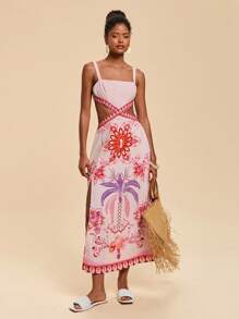 Travachic Woven Print Cut-Out Slit Side Maxi Slip Dress For Women - Multicolor - View 3