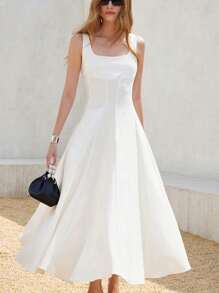 Aveloria Rosie 女士优雅复古方领无袖高腰荷叶边下摆 A 字形连衣裙，适合上班和通勤